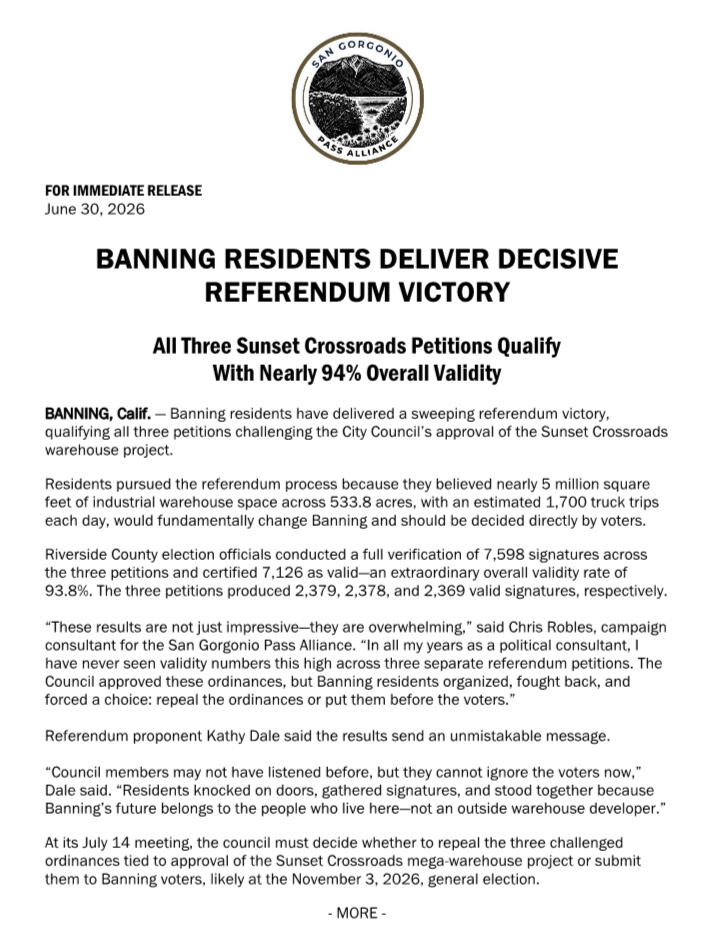 June 30, 2026 Press Release Immediate Release: BANNING RESIDENTS DELIVER DECISIVE REFERENDUM VICTORY
